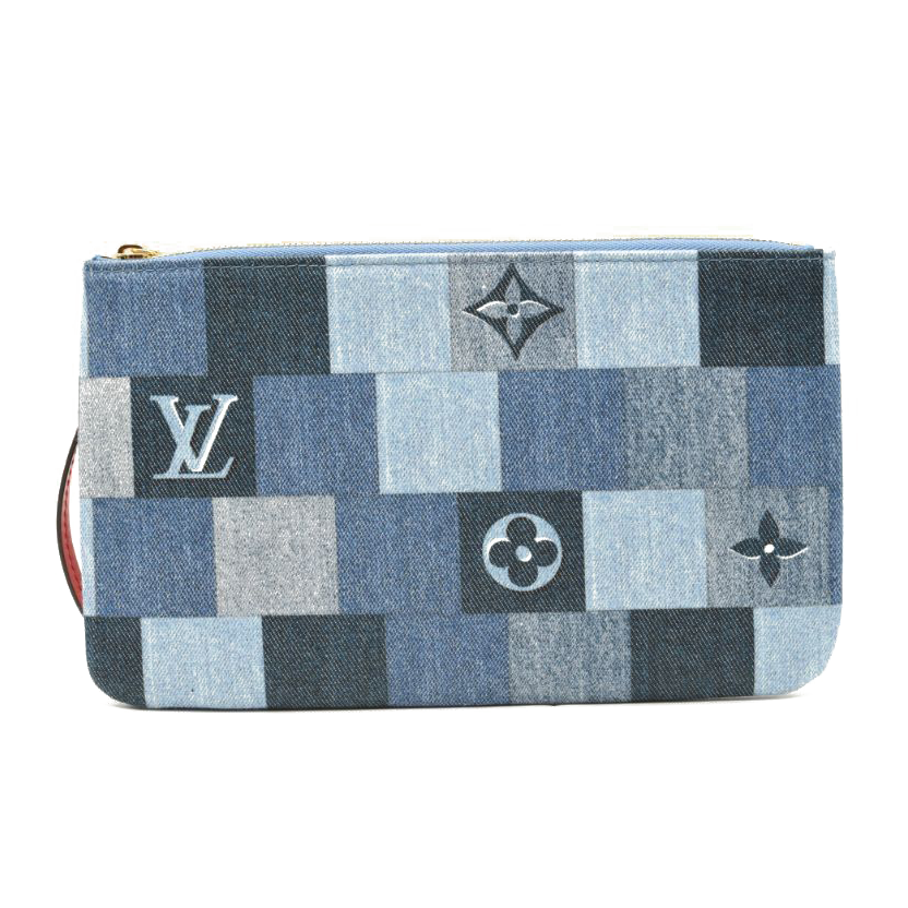 Louis Vuitton Denim Damier Monogram Patchwork Neverfull MM Pochette Blue Rouge