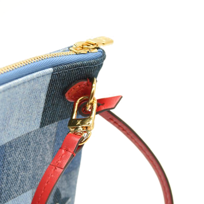 Louis Vuitton Denim Damier Monogram Patchwork Neverfull MM Pochette Blue Rouge