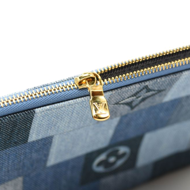 Louis Vuitton Denim Damier Monogram Patchwork Neverfull MM Pochette Blue Rouge
