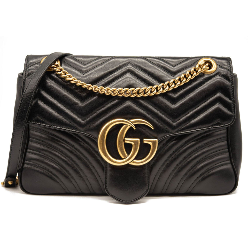 Gucci Calfskin Matelasse Medium GG Marmont Shoulder Bag Black - MyDesignerly