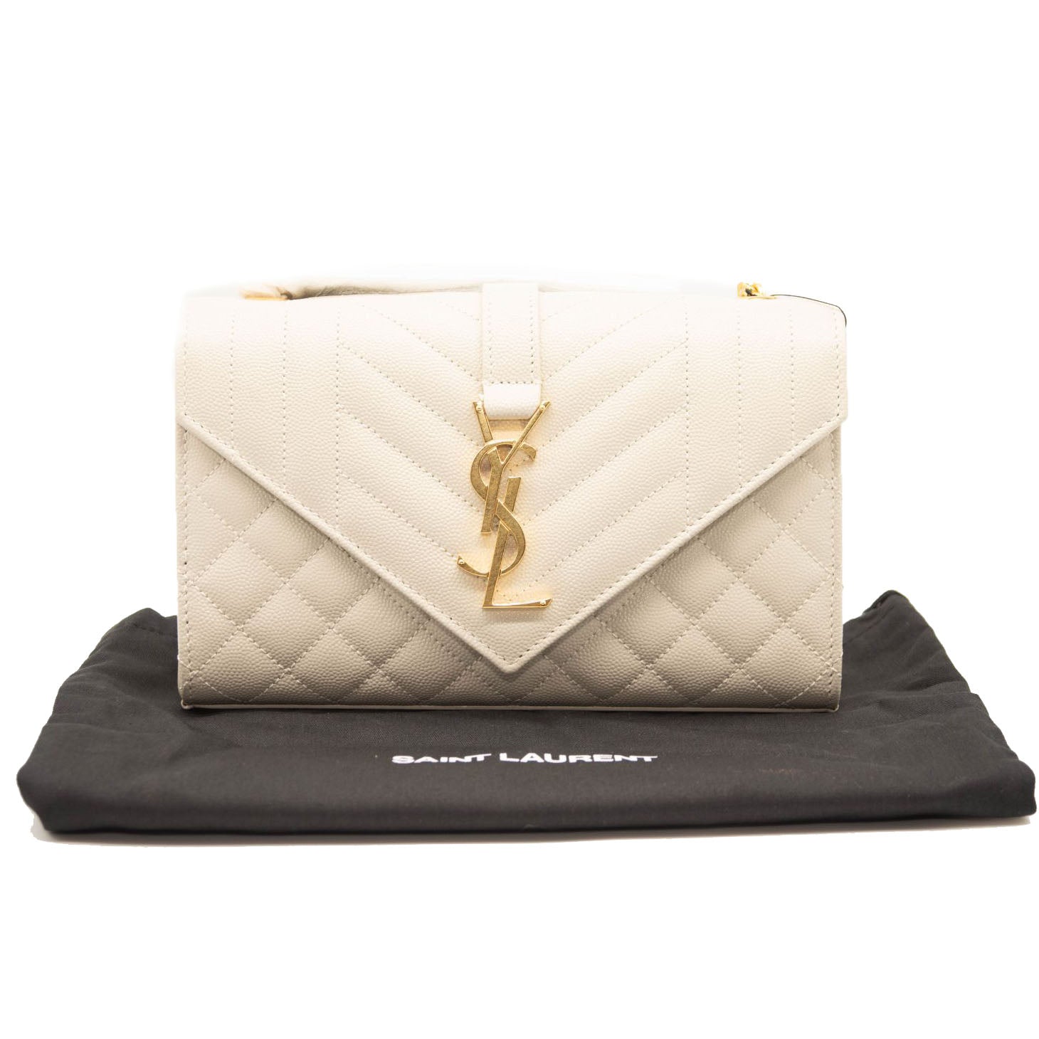 NEW Saint Laurent Monogram Small Envelope Leather Wallet On Chain Mixed Matelasse White