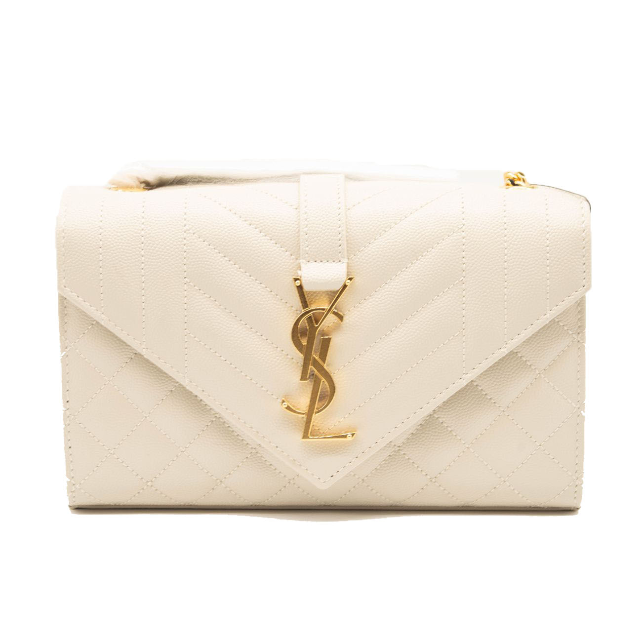 NEW Saint Laurent Monogram Small Envelope Leather Wallet On Chain Mixed Matelasse White