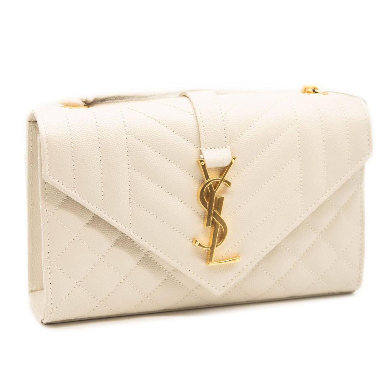 NEW Saint Laurent Monogram Small Envelope Leather Wallet On Chain Mixed Matelasse White