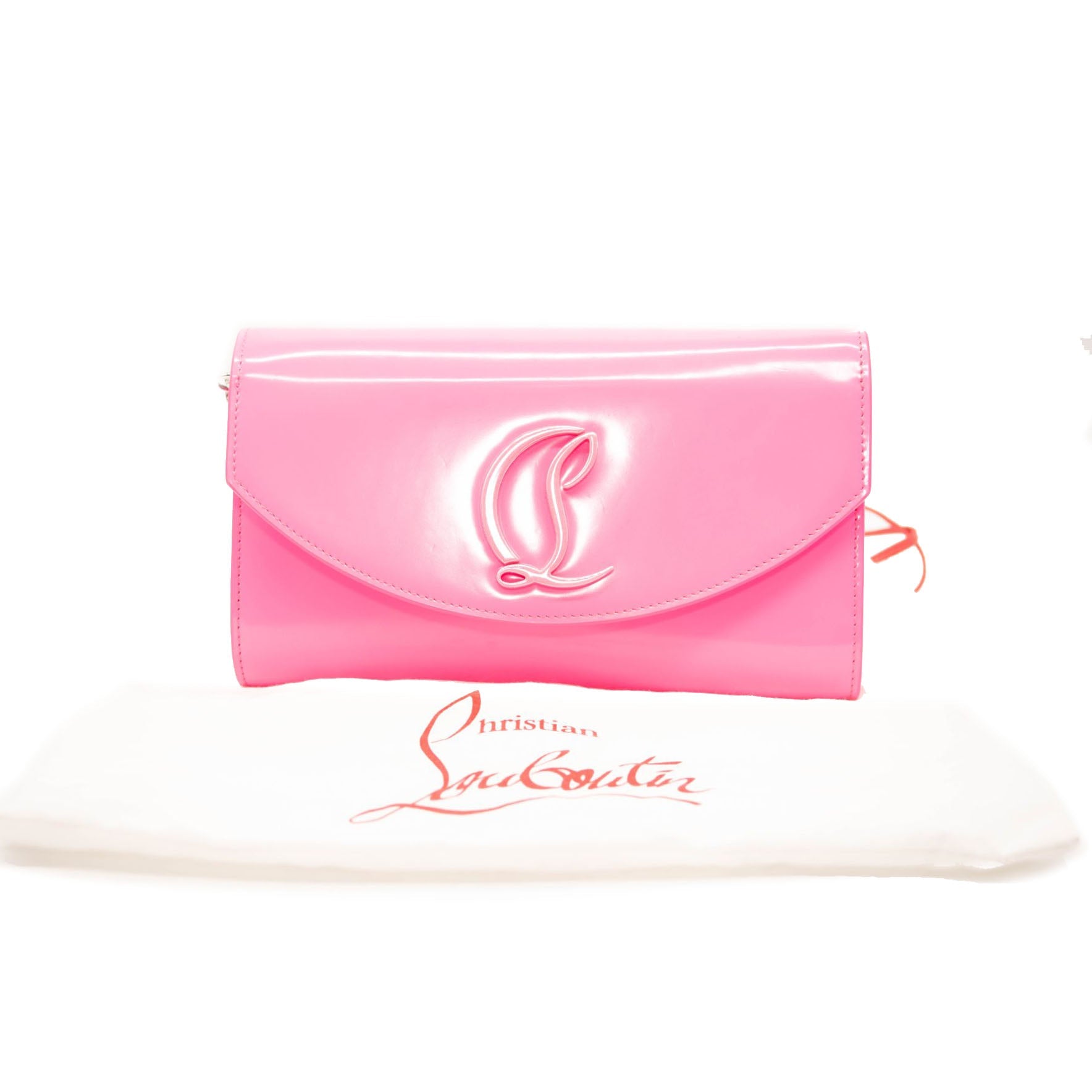 NEW Christian Louboutin Loubi54 Leather Wallet on a Chain Fluo Pink