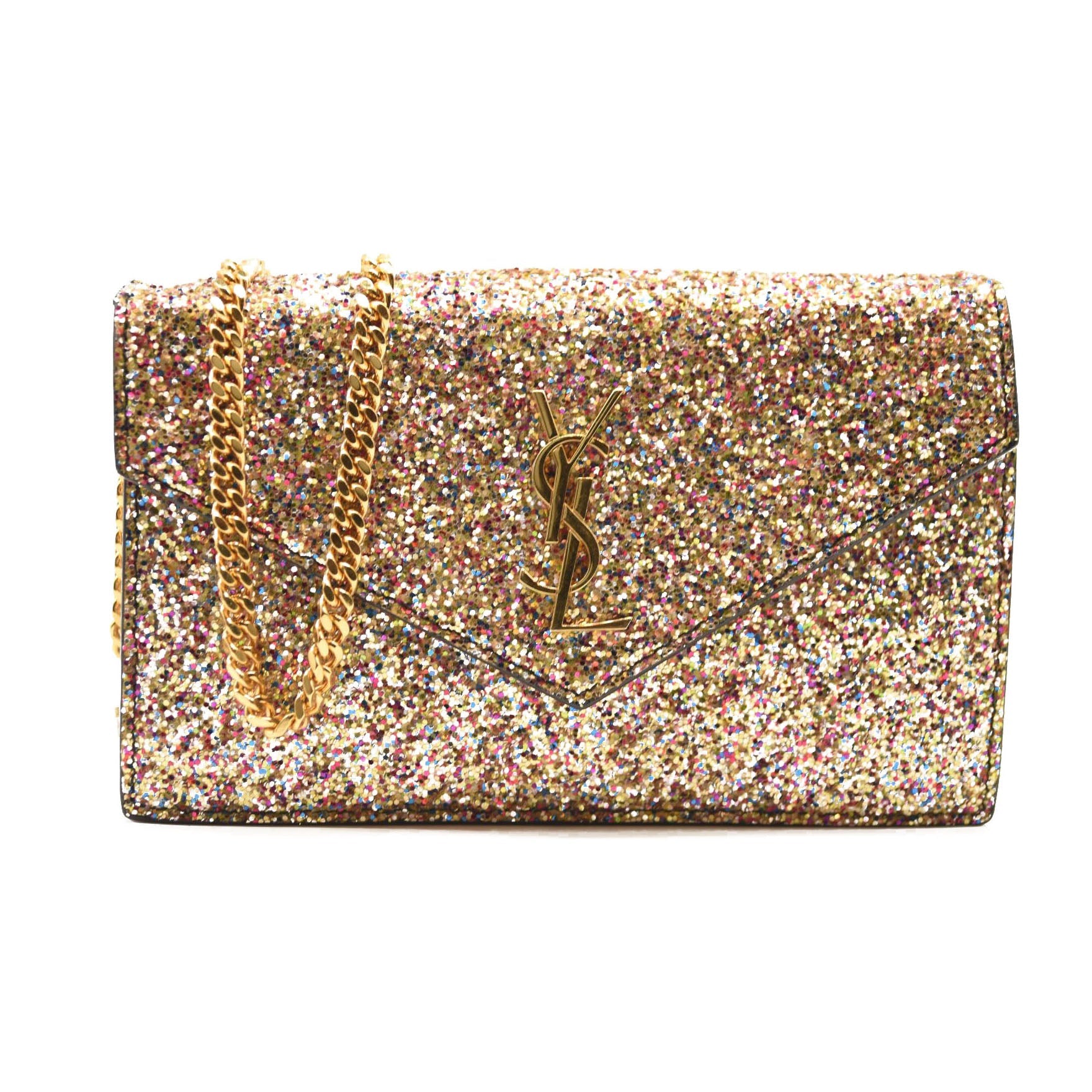 Saint Laurent Glitter Monogram Envelope Chain Wallet Multicolor