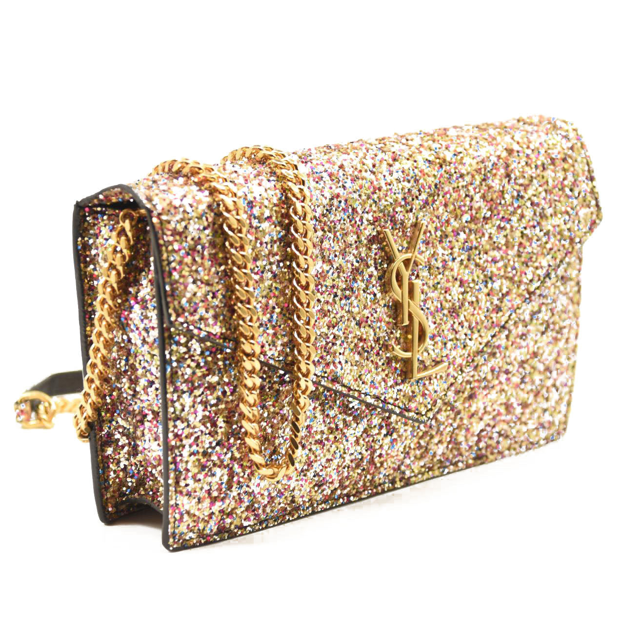 Saint Laurent Glitter Monogram Envelope Chain Wallet Multicolor