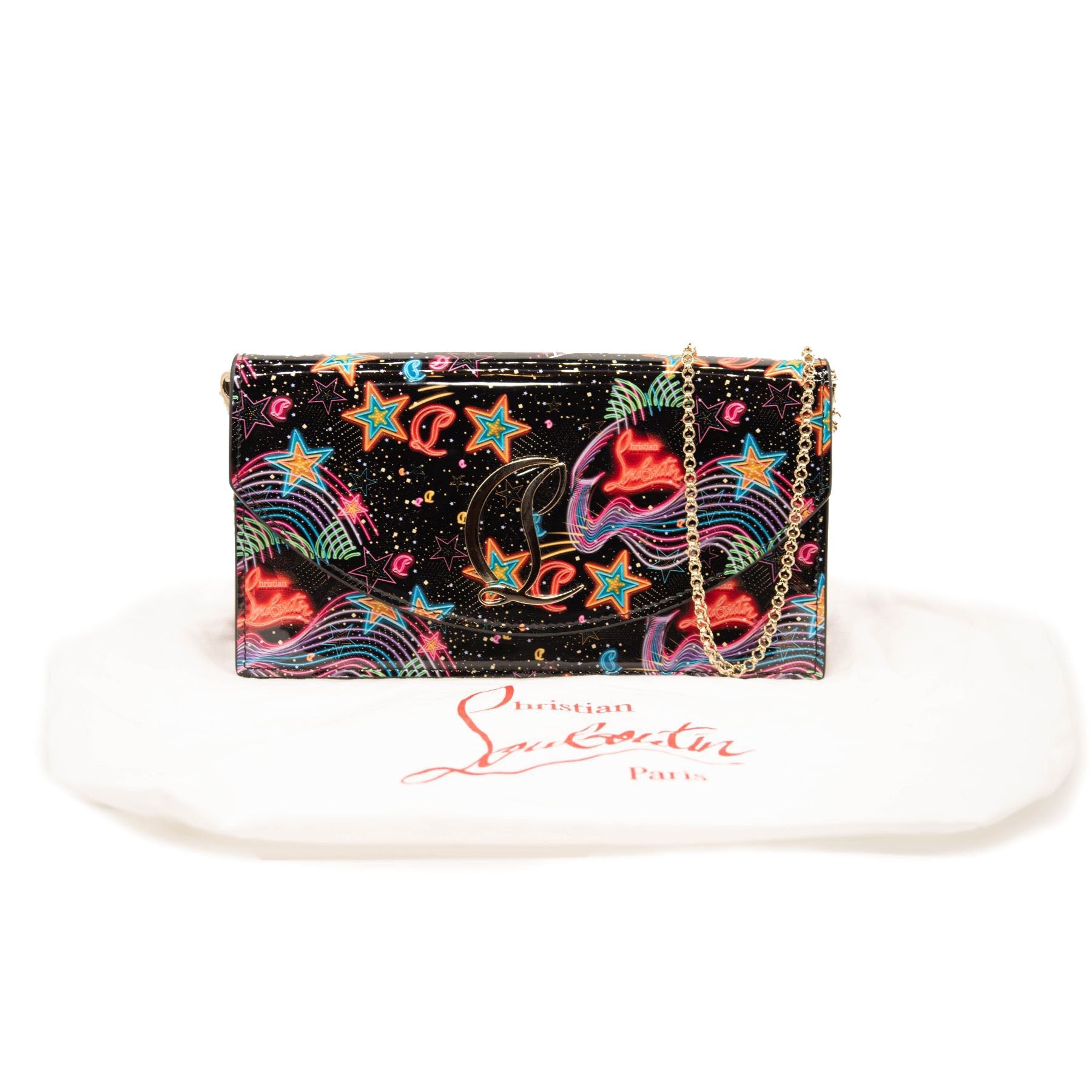 NEW Christian Louboutin Cabata Starlight Patent Leather Clutch Crossbody Chain