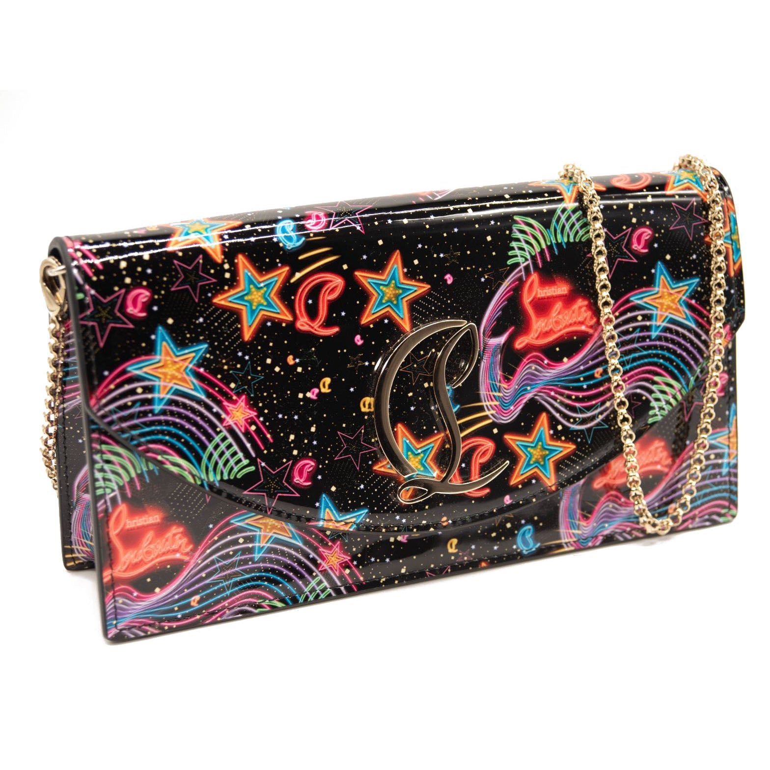 NEW Christian Louboutin Cabata Starlight Patent Leather Clutch Crossbody Chain