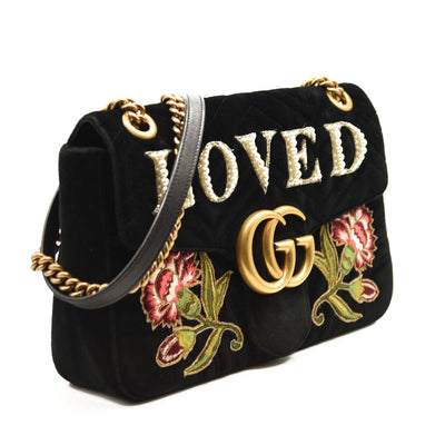 Gucci Velvet Matelasse Loved Embroidered Medium GG Marmont Shoulder Bag Black