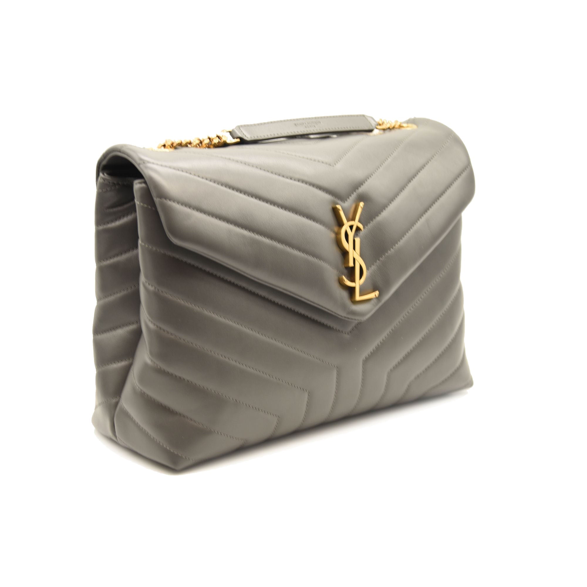 NEW SAINT LAURENT Calfskin Y Quilted Monogram Medium Loulou Chain Satchel Storm