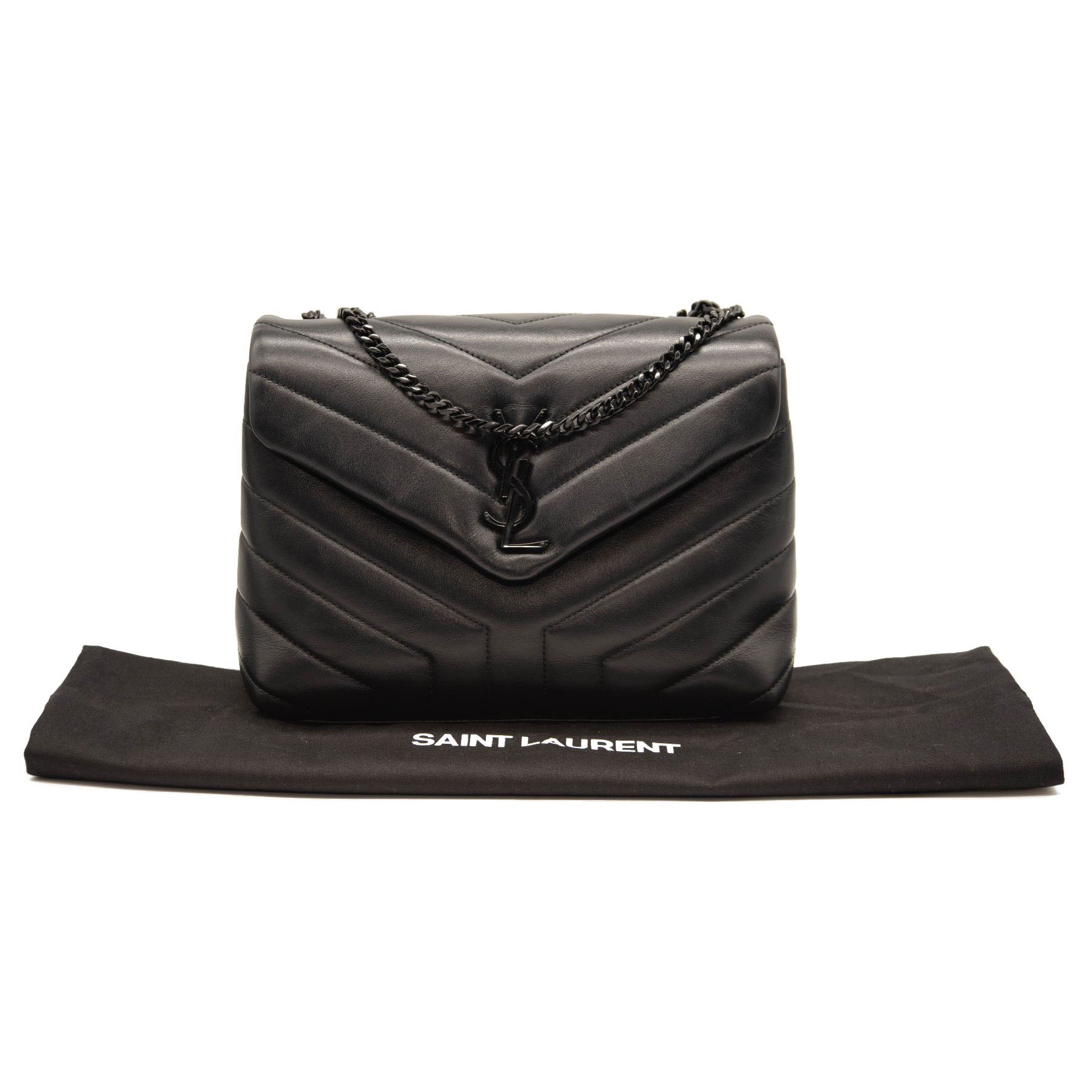 NEW SAINT LAURENT Calfskin Y Quilted Monogram Monochrome Small Loulou Chain Satchel Black