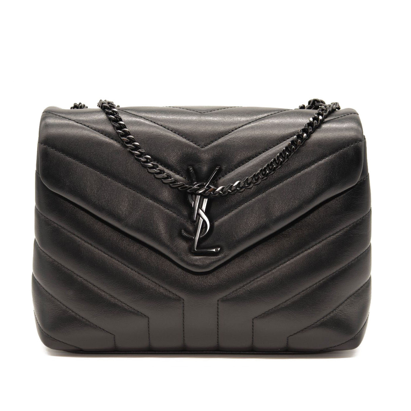NEW SAINT LAURENT Calfskin Y Quilted Monogram Monochrome Small Loulou Chain Satchel Black