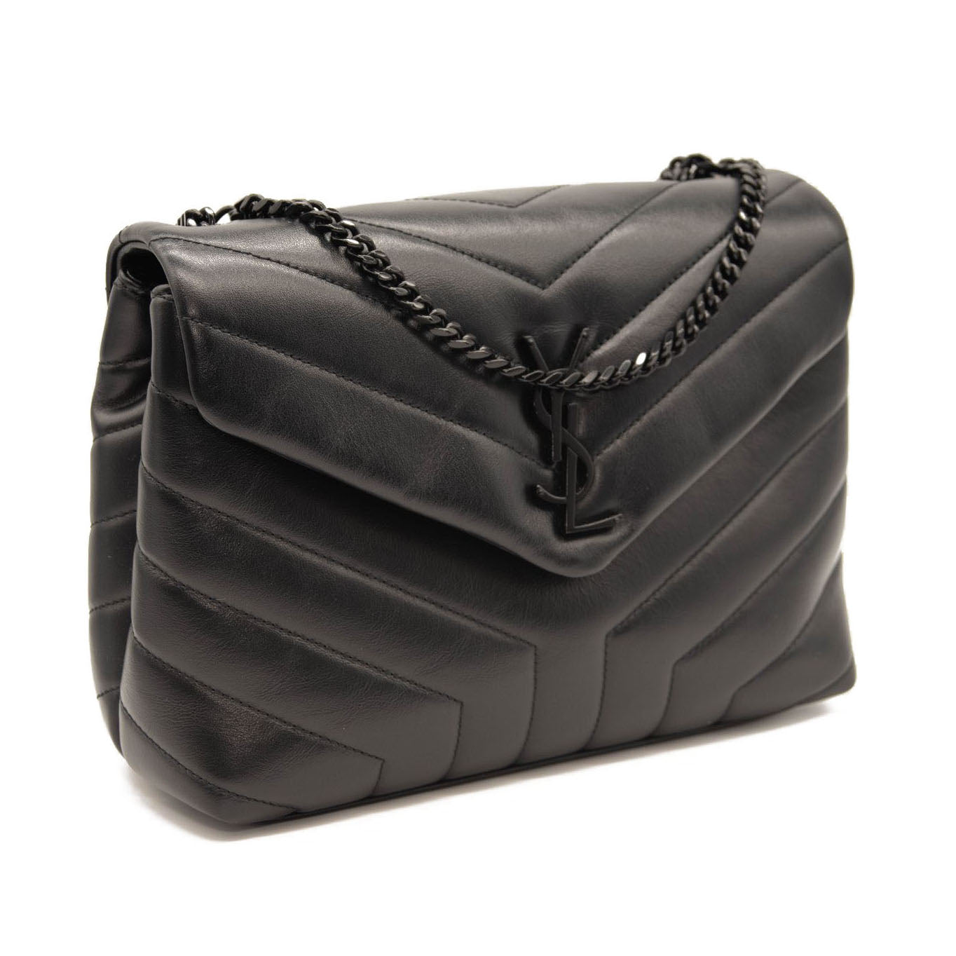 NEW SAINT LAURENT Calfskin Y Quilted Monogram Monochrome Small Loulou Chain Satchel Black