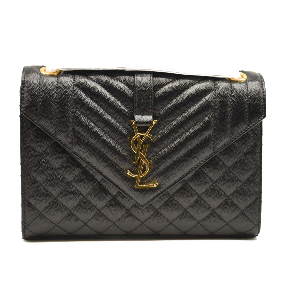 NEW SAINT LAURENT Grain De Poudre Textured Mixed Matelasse Triquilt Medium Monogram Satchel Black