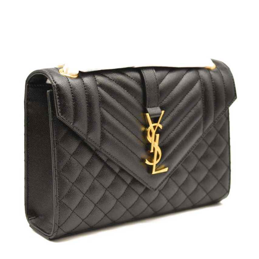 NEW SAINT LAURENT Grain De Poudre Textured Mixed Matelasse Triquilt Medium Monogram Satchel Black