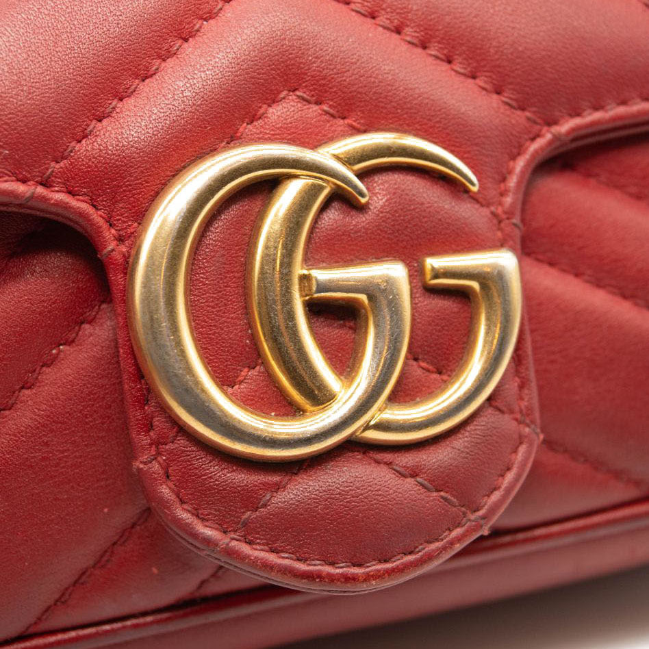 Gucci Calfskin Matelasse Super Mini GG Marmont Shoulder Bag Hibiscus Red