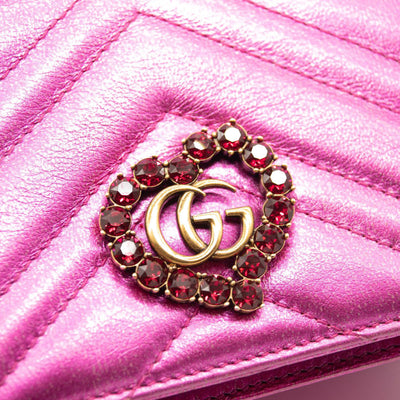 Gucci Metallic Calfskin Matelasse Crystal GG Marmont Mini Bag Fuchsia