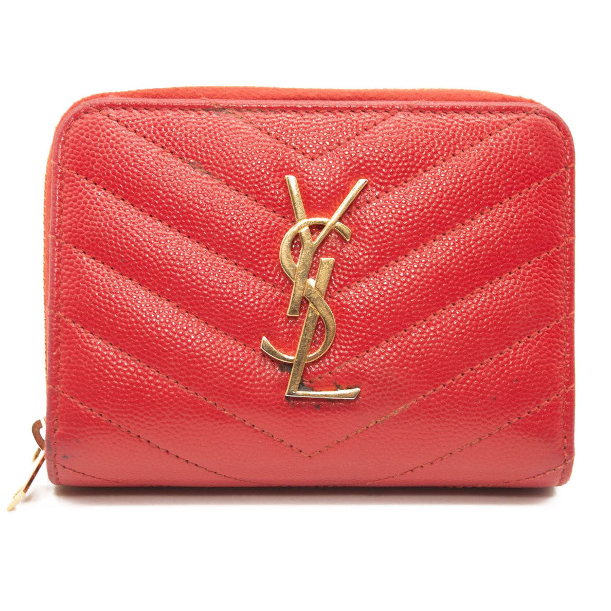 Saint Laurent Grain De Poudre Matelasse Chevron Monogram Compact Zip Around Wallet