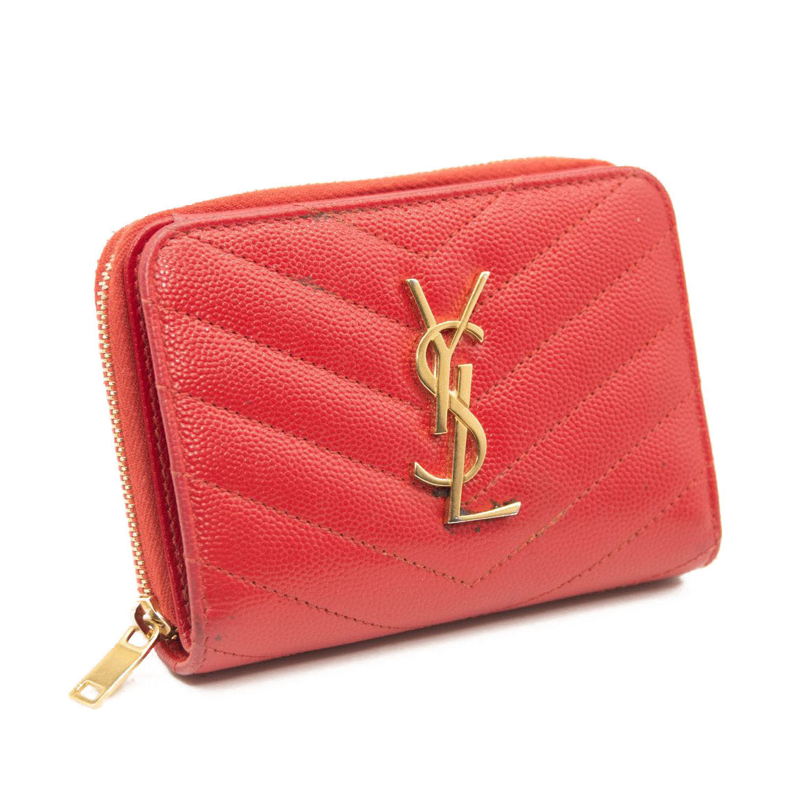 Saint Laurent Grain De Poudre Matelasse Chevron Monogram Compact Zip Around Wallet