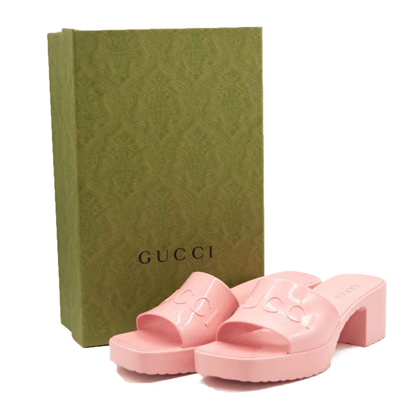 NEW $450 Gucci Rubber Logo Platform Slide Sandal Pink EU 38