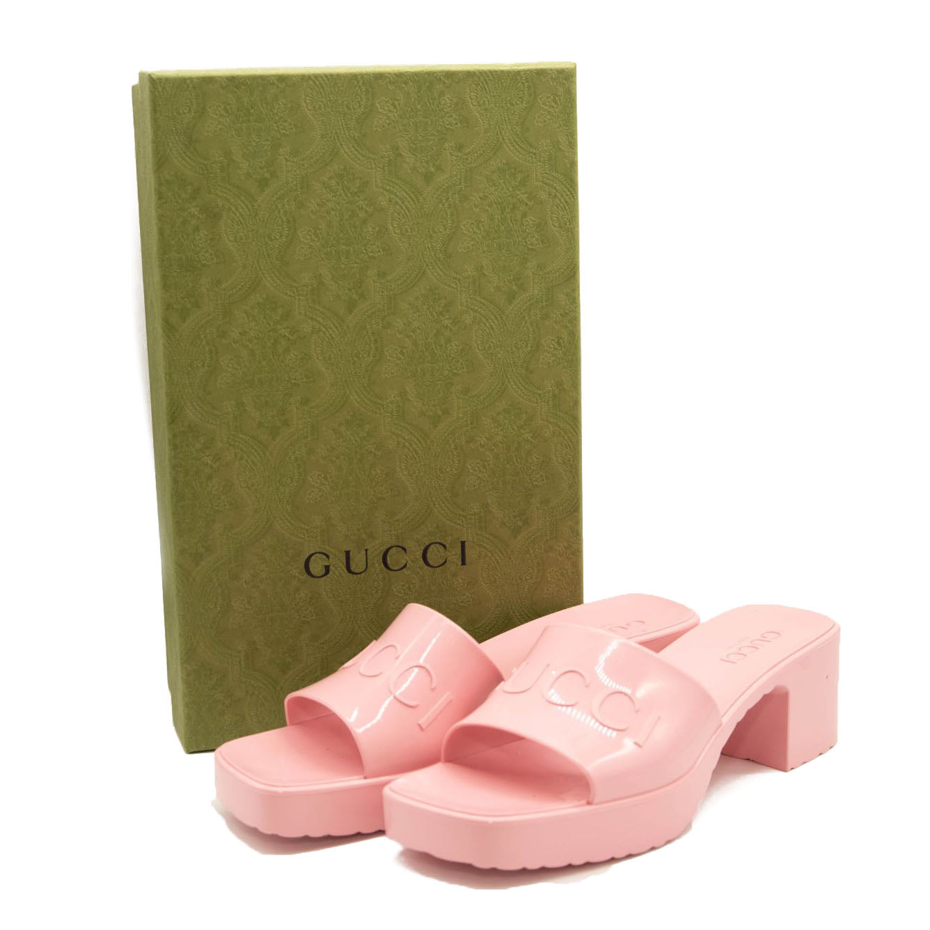 NEW $450 Gucci Rubber Logo Platform Slide Sandal Pink EU 38