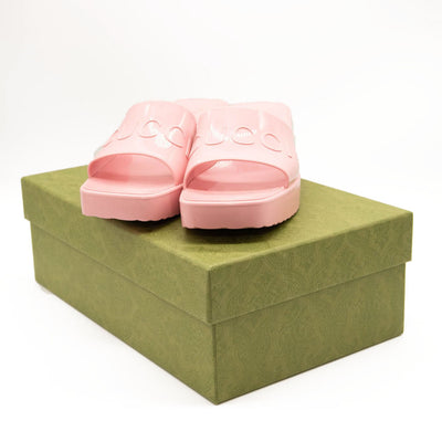 NEW $450 Gucci Rubber Logo Platform Slide Sandal Pink EU 38