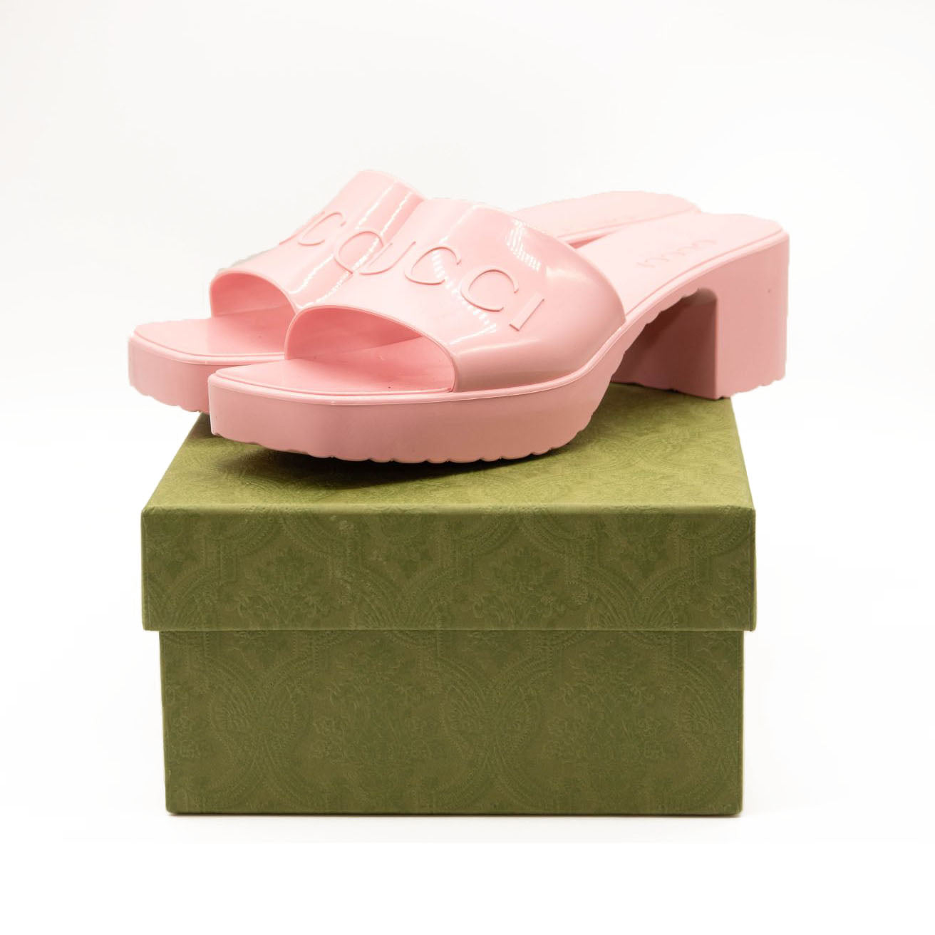 NEW $450 Gucci Rubber Logo Platform Slide Sandal Pink EU 38