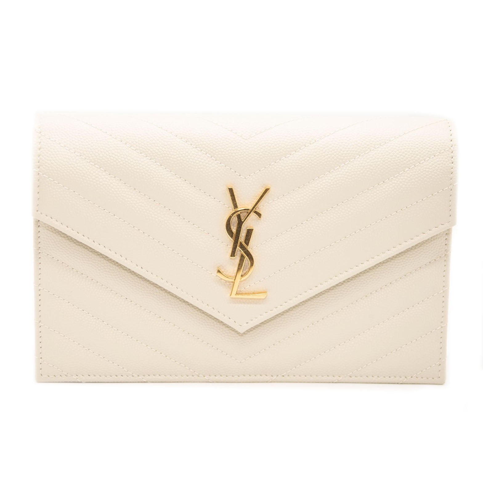 NEW SAINT LAURENT Grain De Poudre Matelasse Chevron Cassandre Envelope Chain Wallet Nude Powder