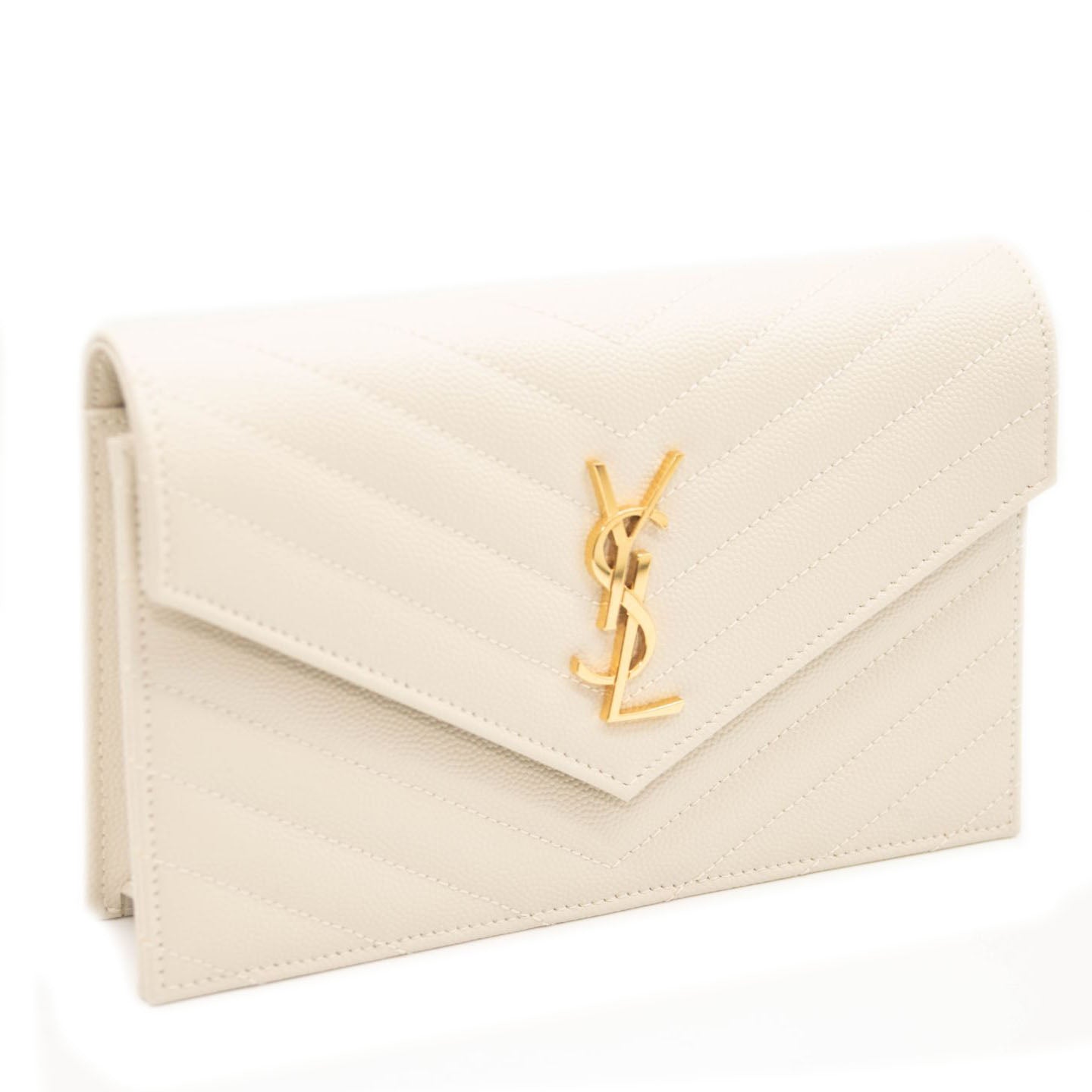 NEW SAINT LAURENT Grain De Poudre Matelasse Chevron Cassandre Envelope Chain Wallet Nude Powder
