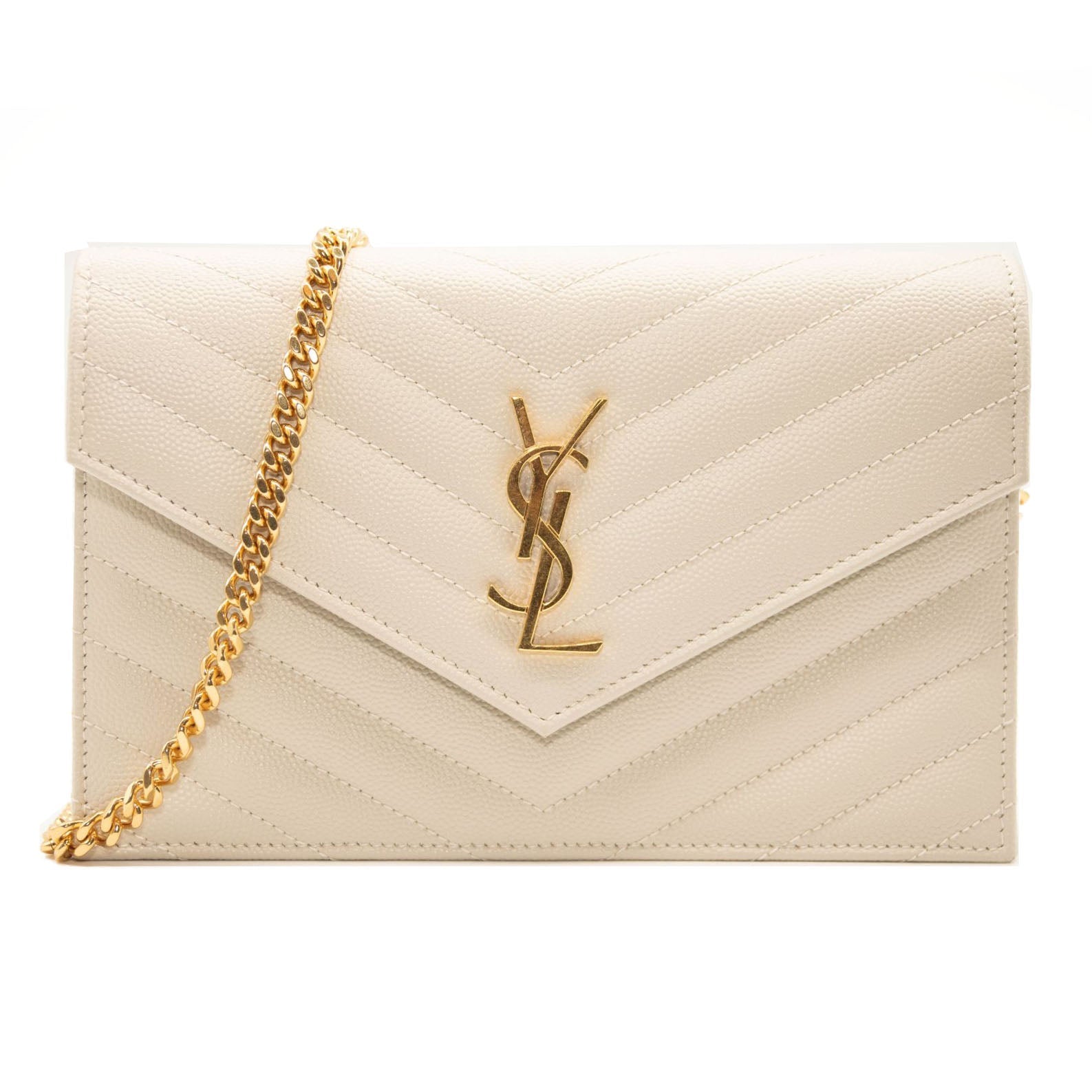 NEW SAINT LAURENT Grain De Poudre Matelasse Chevron Cassandre Envelope Chain Wallet Nude Powder