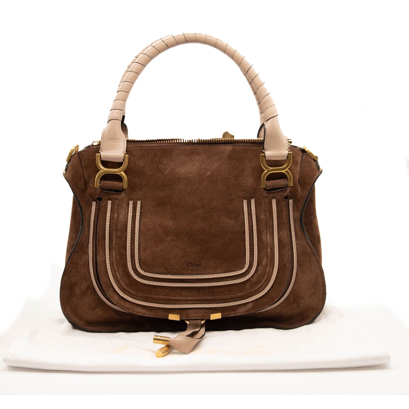 NEW $2650 CHLOE Suede Calfskin Braided Medium Marcie Double Carry Pure Brown