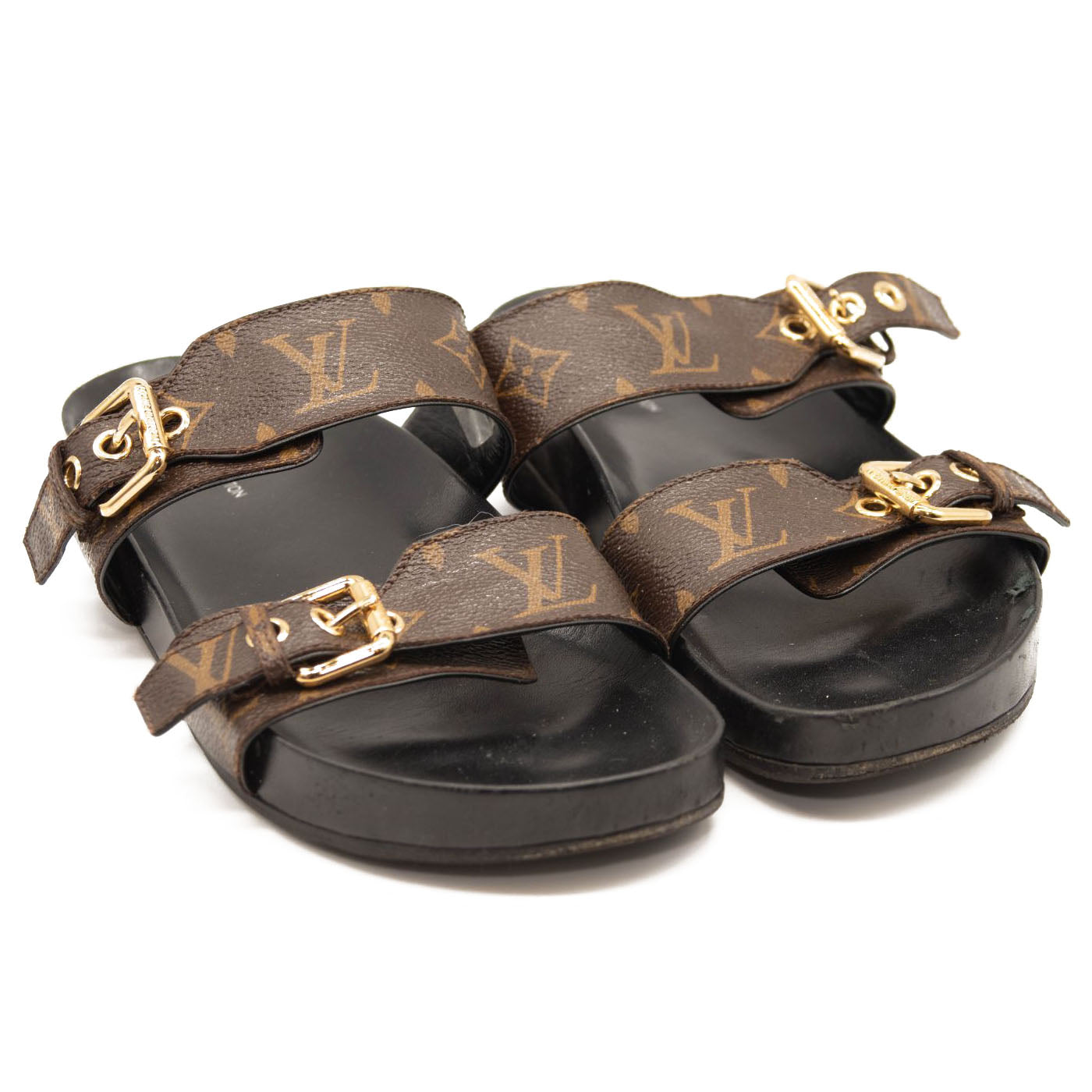 USED $1090 LOUIS VUITTON Monogram Bom Dia Mule Sandals 38 Black