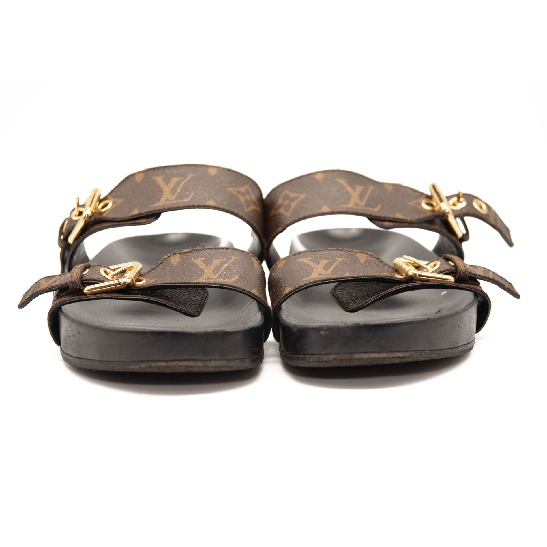 USED $1090 LOUIS VUITTON Monogram Bom Dia Mule Sandals 38 Black