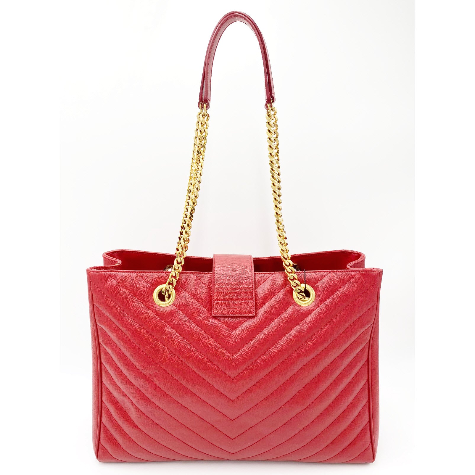 Saint Laurent Collège Grain De Poudre Matelasse Chevron Large Monogram Shoppin Red Calfskin Leather Shoulder Bag