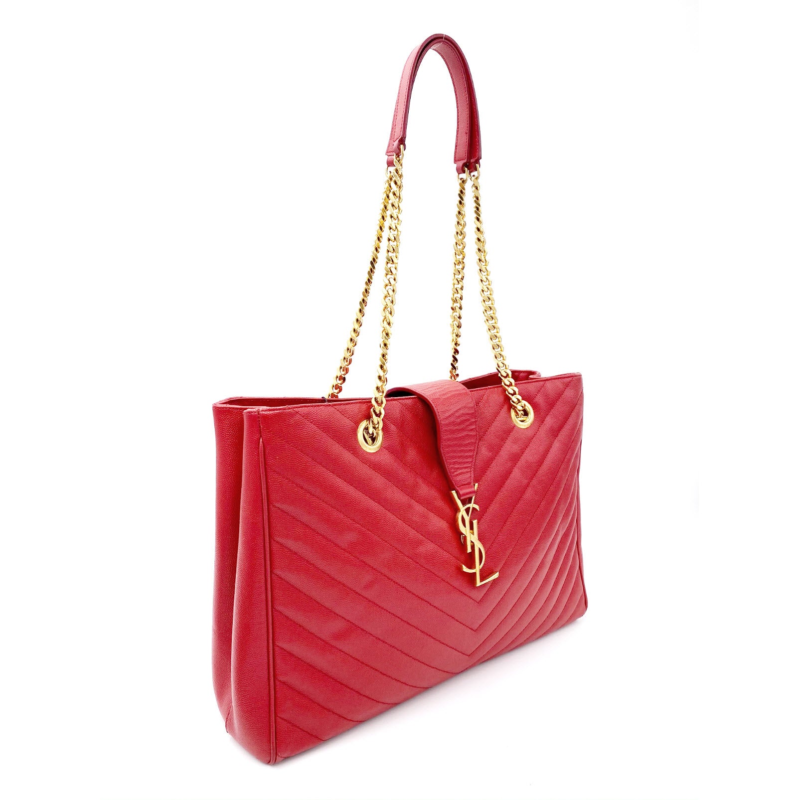 Saint Laurent Collège Grain De Poudre Matelasse Chevron Large Monogram Shoppin Red Calfskin Leather Shoulder Bag