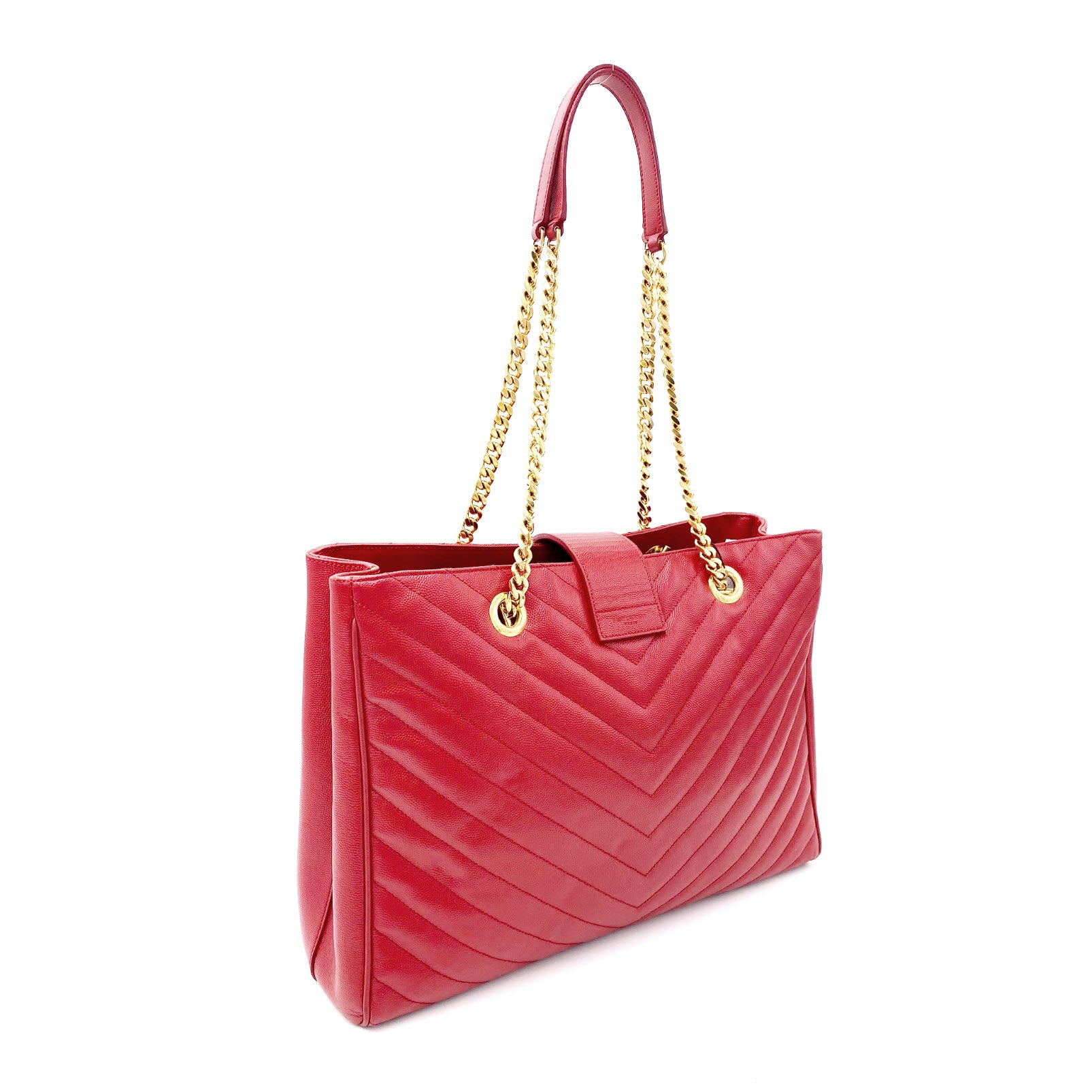Saint Laurent Collège Grain De Poudre Matelasse Chevron Large Monogram Shoppin Red Calfskin Leather Shoulder Bag