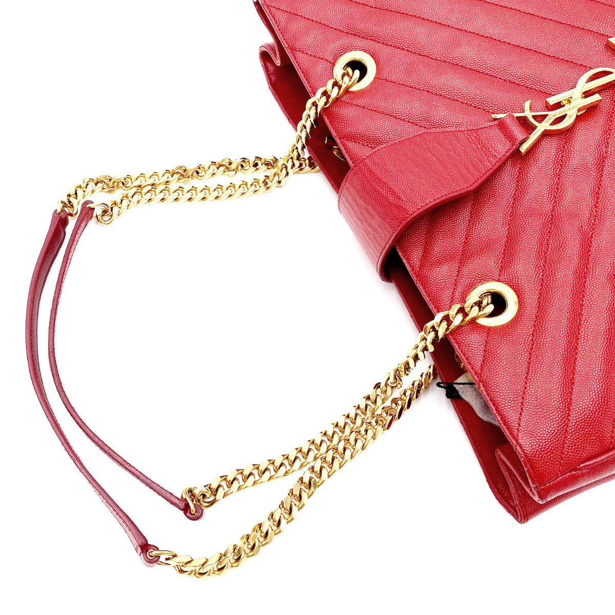 Saint Laurent Collège Grain De Poudre Matelasse Chevron Large Monogram Shoppin Red Calfskin Leather Shoulder Bag
