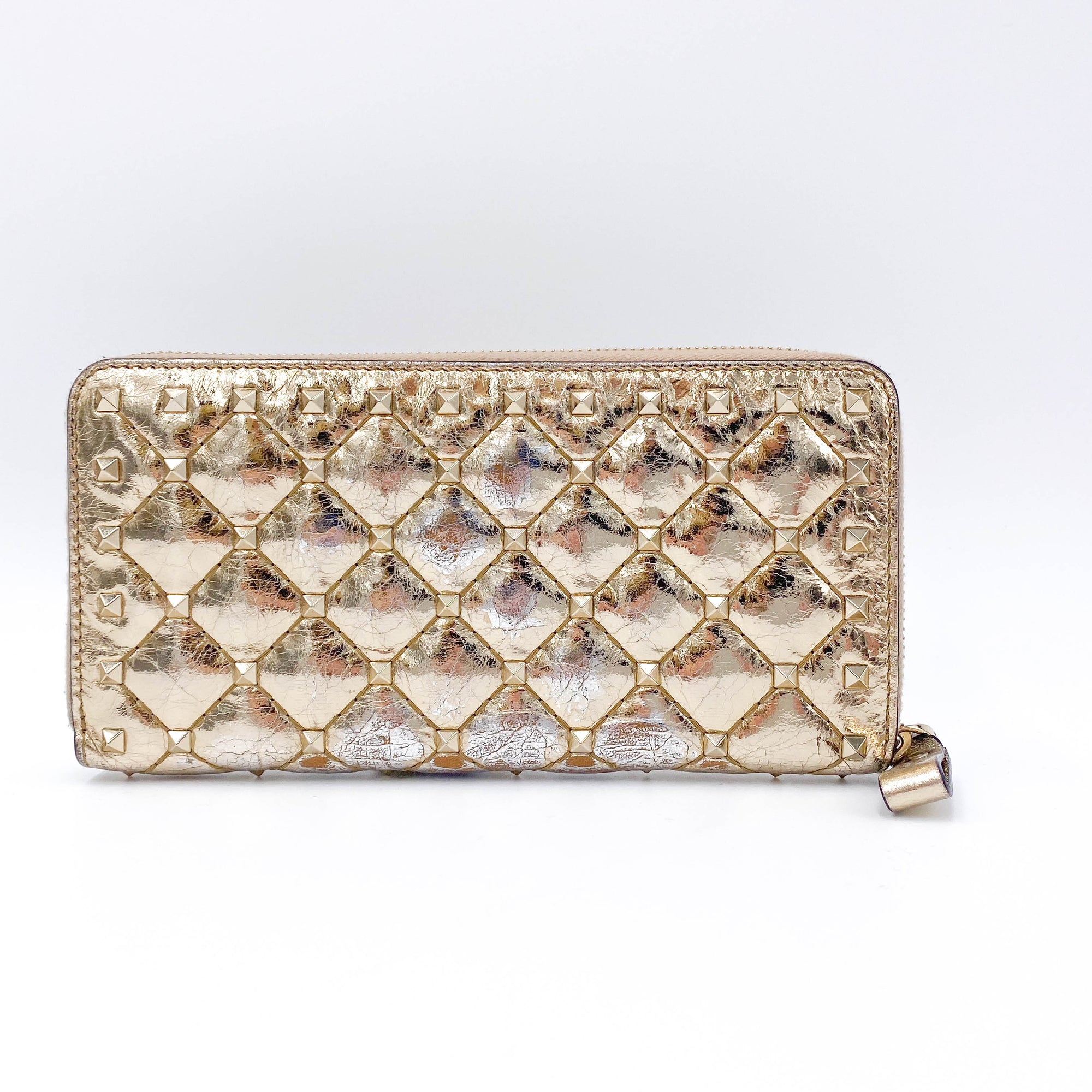 Valentino Womens  Rockstud Spike Leather Zip Around Wallet Metallic Gold
