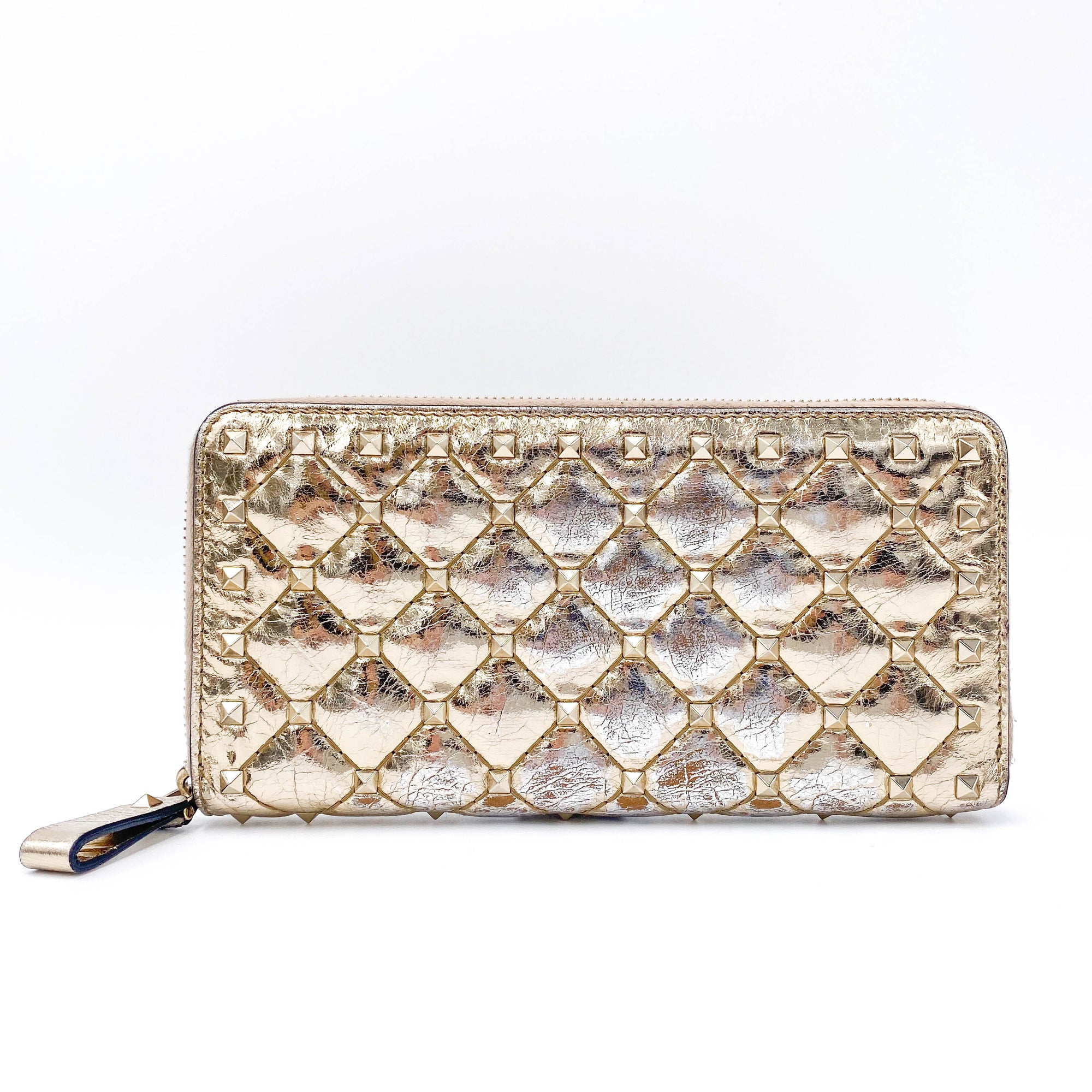 Valentino Womens  Rockstud Spike Leather Zip Around Wallet Metallic Gold
