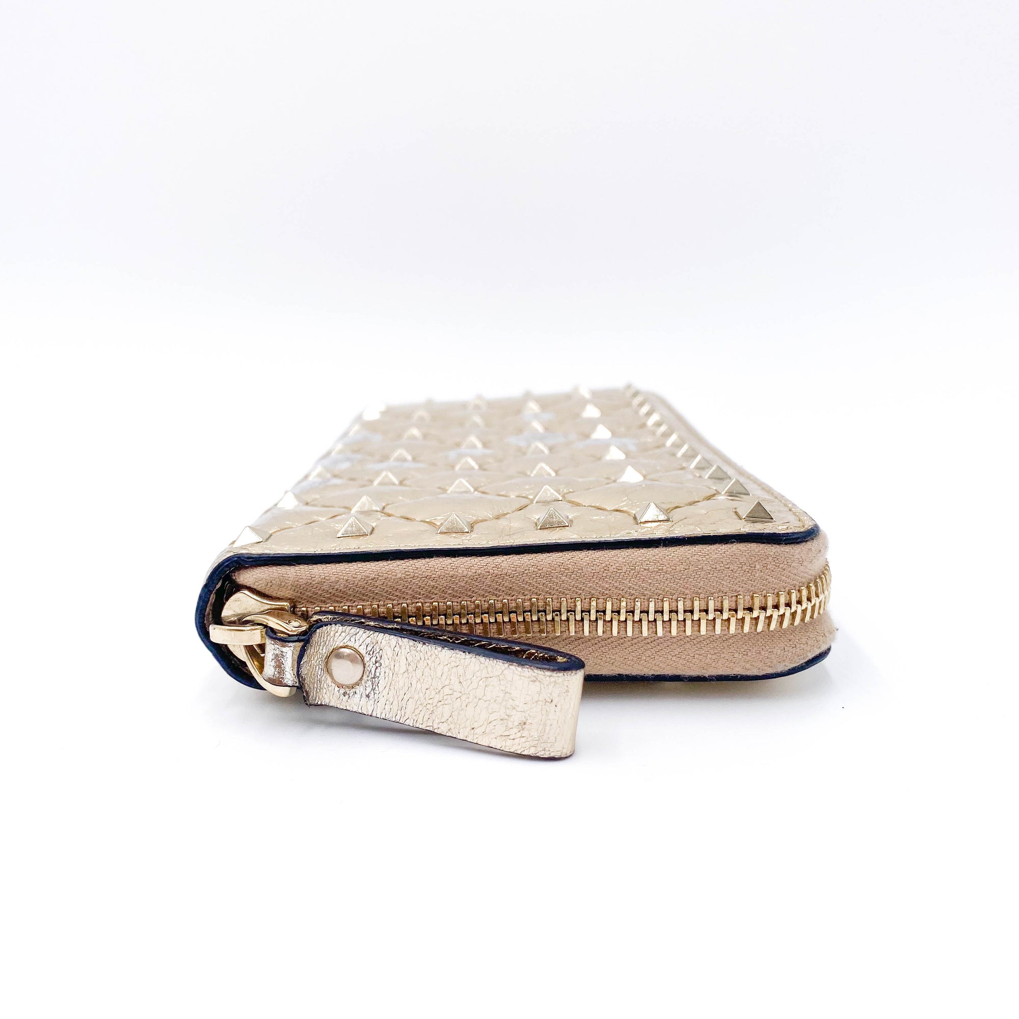 Valentino Womens  Rockstud Spike Leather Zip Around Wallet Metallic Gold