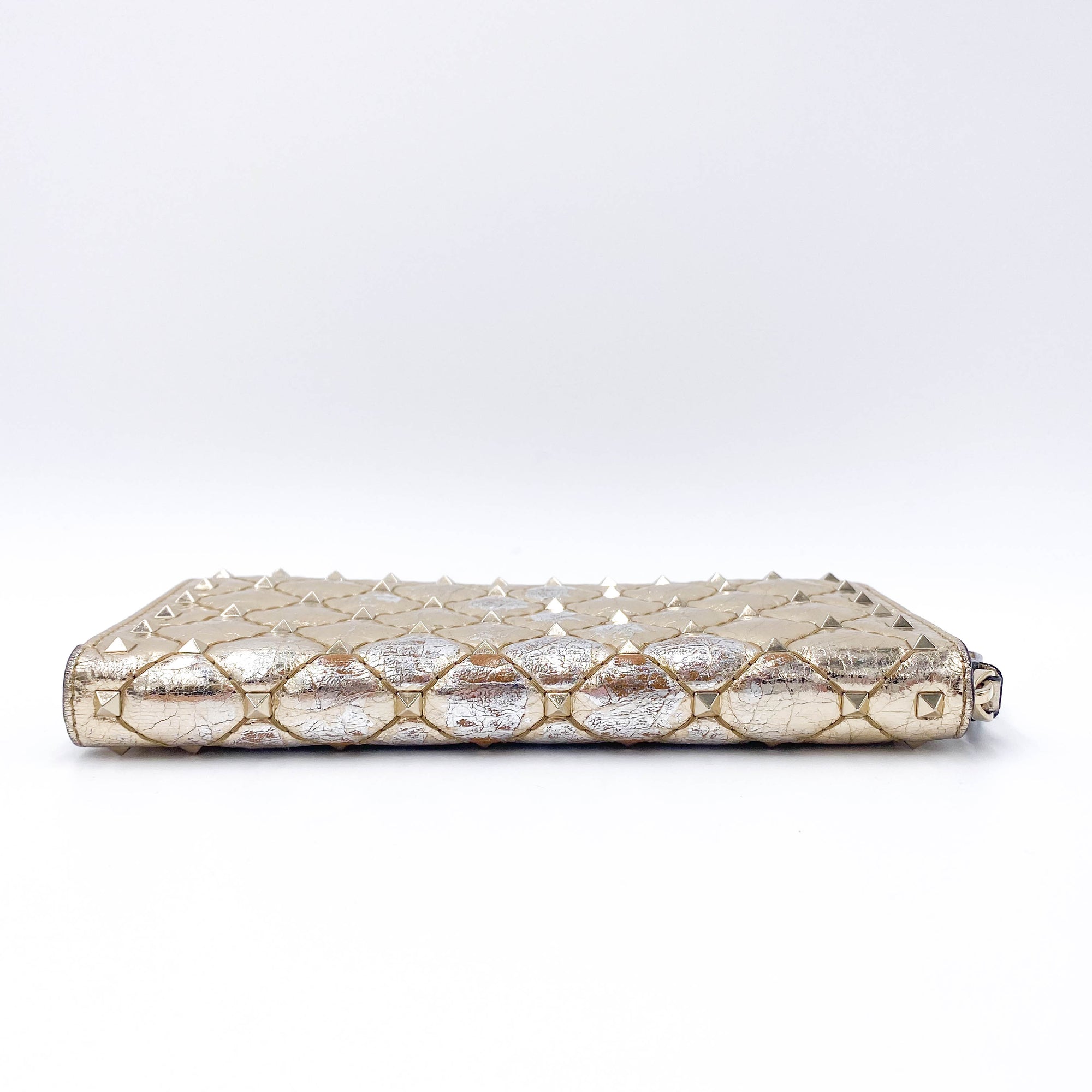 Valentino Womens  Rockstud Spike Leather Zip Around Wallet Metallic Gold
