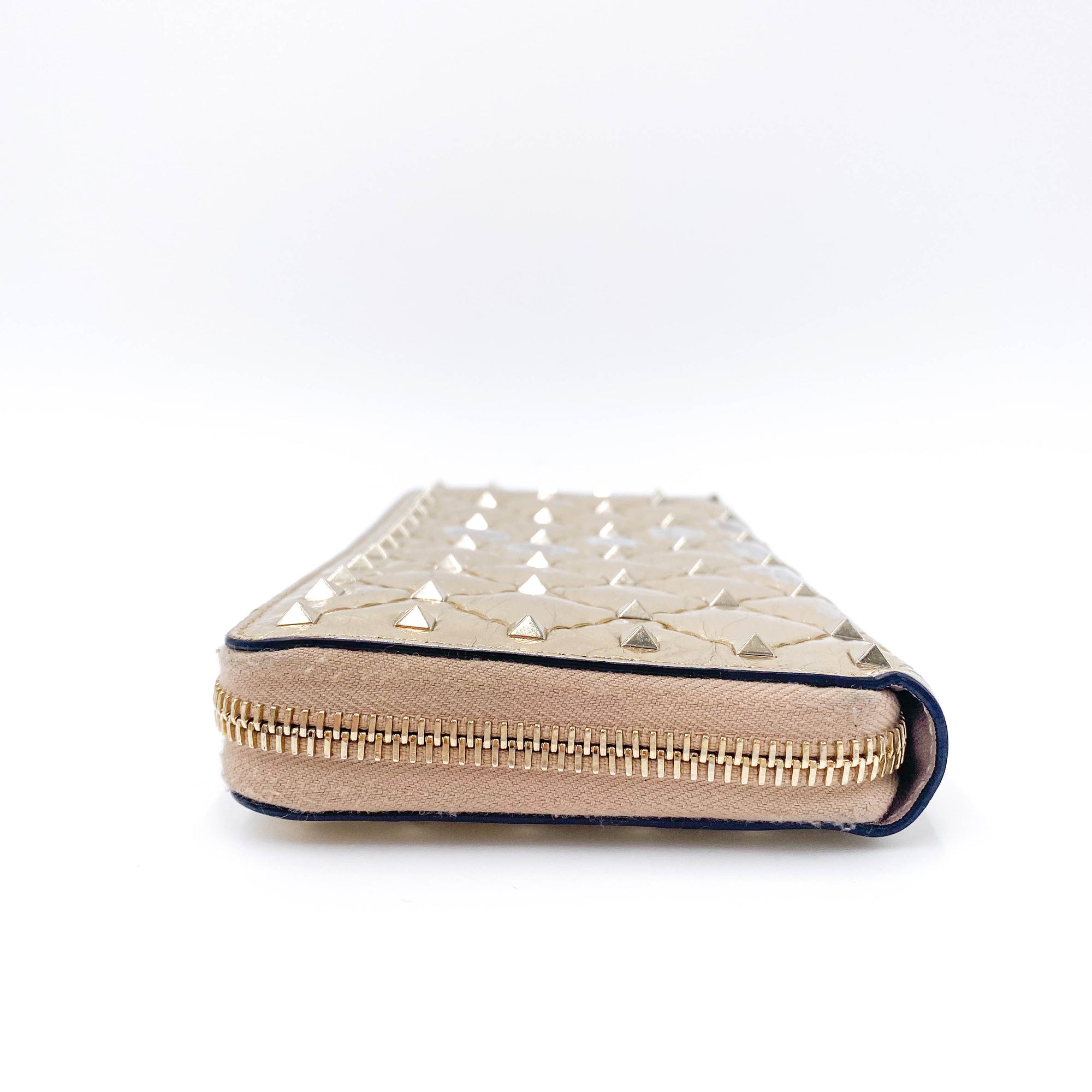 Valentino Womens  Rockstud Spike Leather Zip Around Wallet Metallic Gold