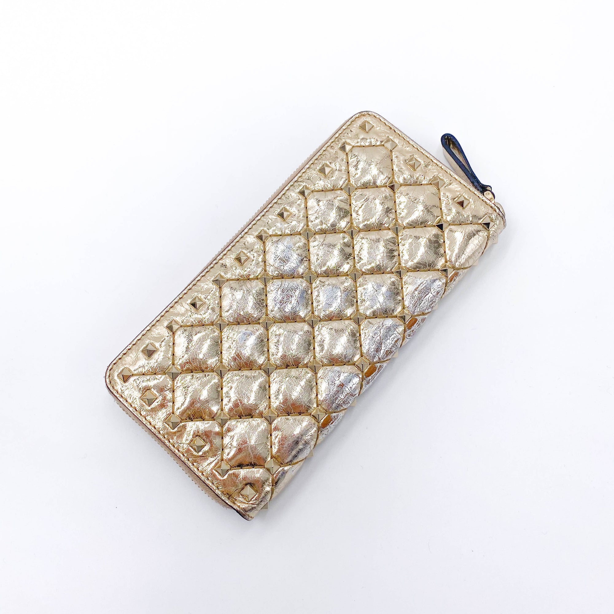 Valentino Womens  Rockstud Spike Leather Zip Around Wallet Metallic Gold