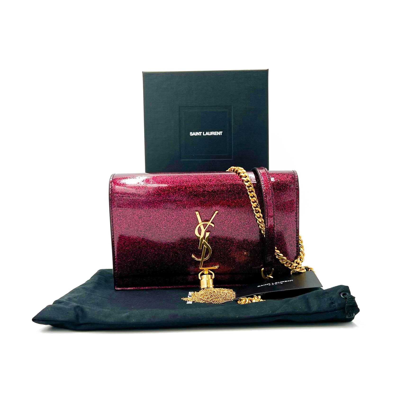 Saint Laurent Monogram Kate Chain Wallet New Chain Glitter Tassel Red Leather