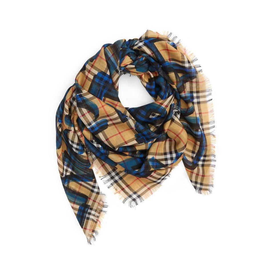 Burberry Blue Graffiti Graffiti-print Wool-silk Large Square House Check Scarf/Wrap