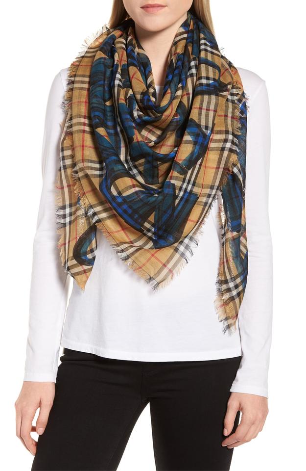 Burberry Blue Graffiti Graffiti-print Wool-silk Large Square House Check Scarf/Wrap
