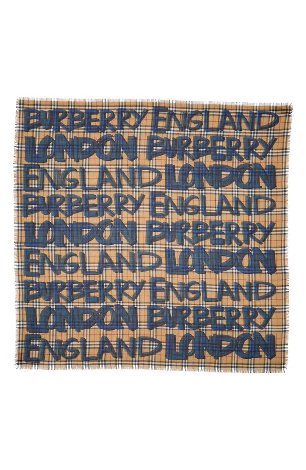 Burberry Blue Graffiti Graffiti-print Wool-silk Large Square House Check Scarf/Wrap