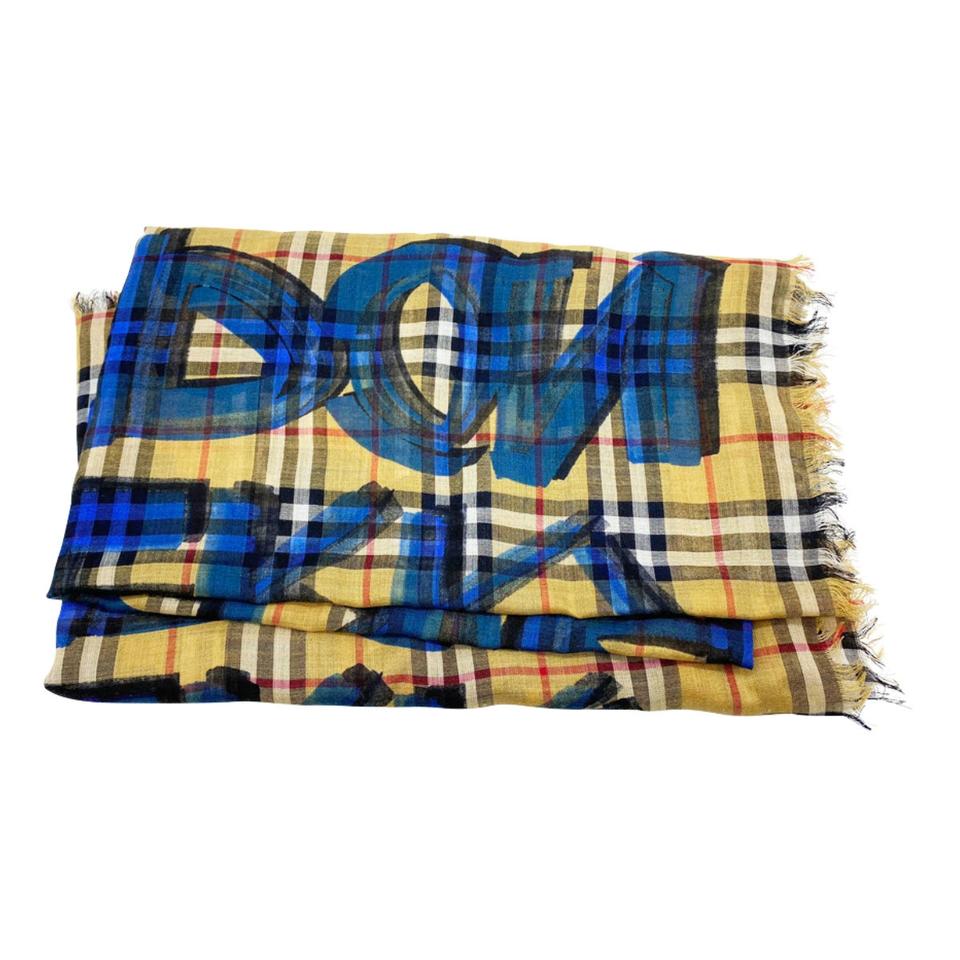 Burberry Blue Graffiti Graffiti-print Wool-silk Large Square House Check Scarf/Wrap