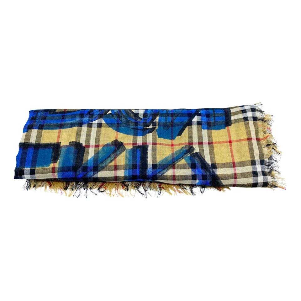 Burberry Blue Graffiti Graffiti-print Wool-silk Large Square House Check Scarf/Wrap