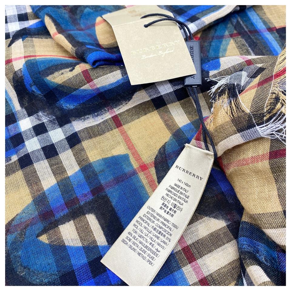 Burberry Blue Graffiti Graffiti-print Wool-silk Large Square House Check Scarf/Wrap